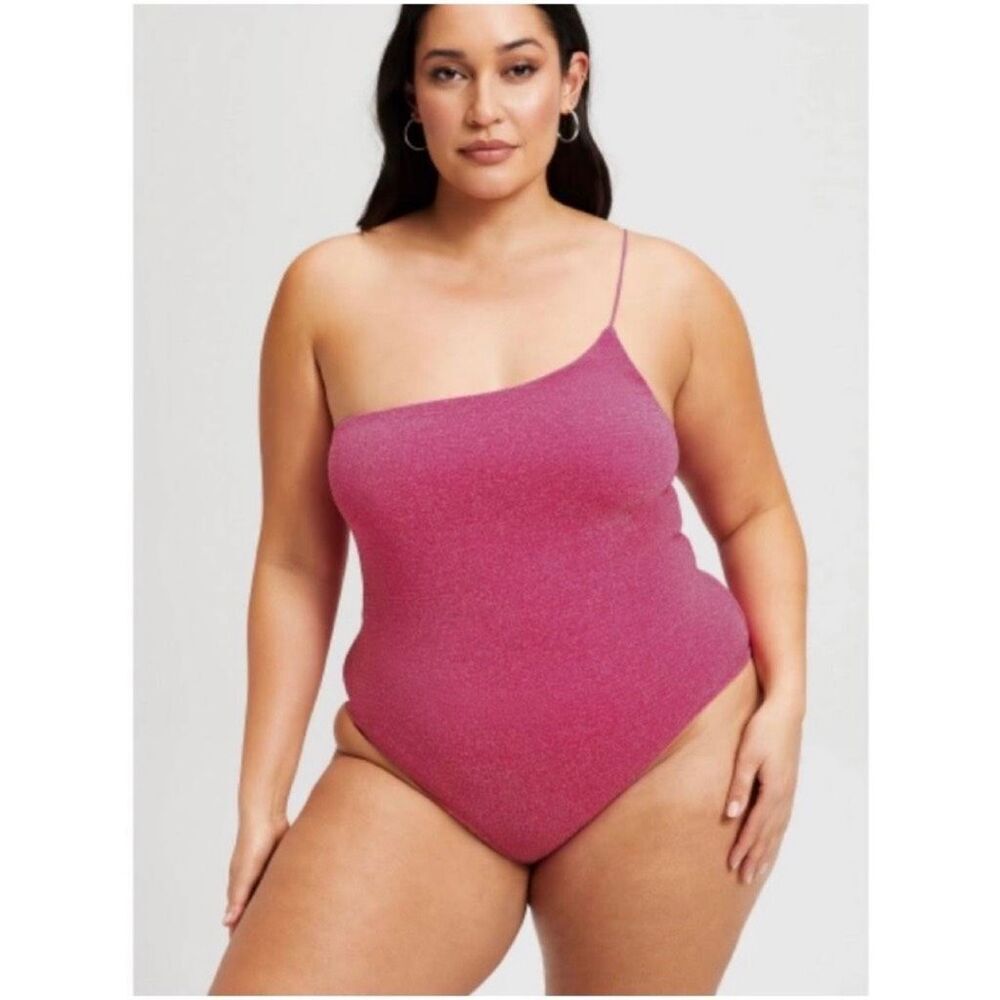 Good American 90’s Hot One Shoulder One Piece Sparkly Barbie Pink Swimsuit New